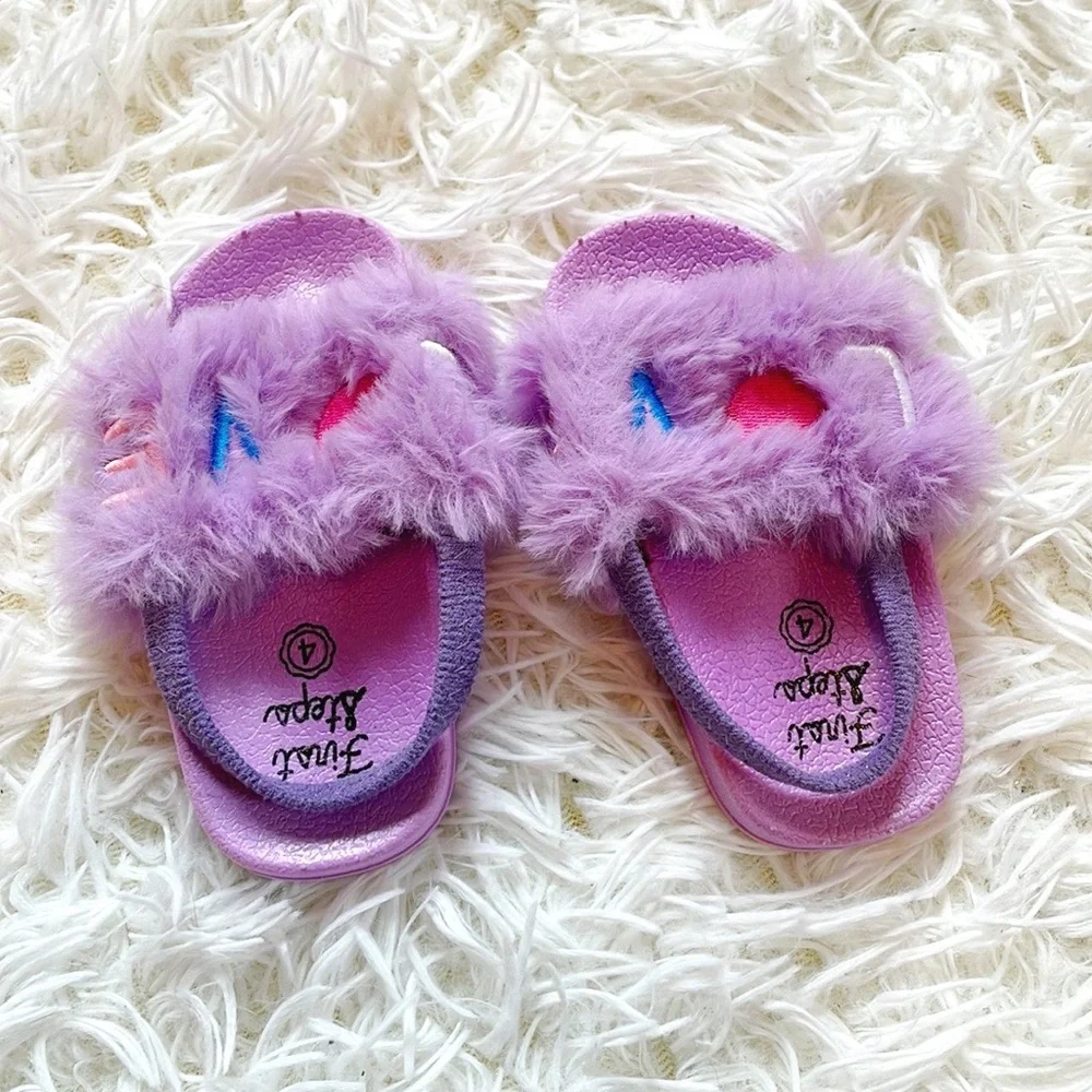 First Steps • NWOT Lavender “LOVE” Embroidered Faux Fur Slides with Ankle Strap